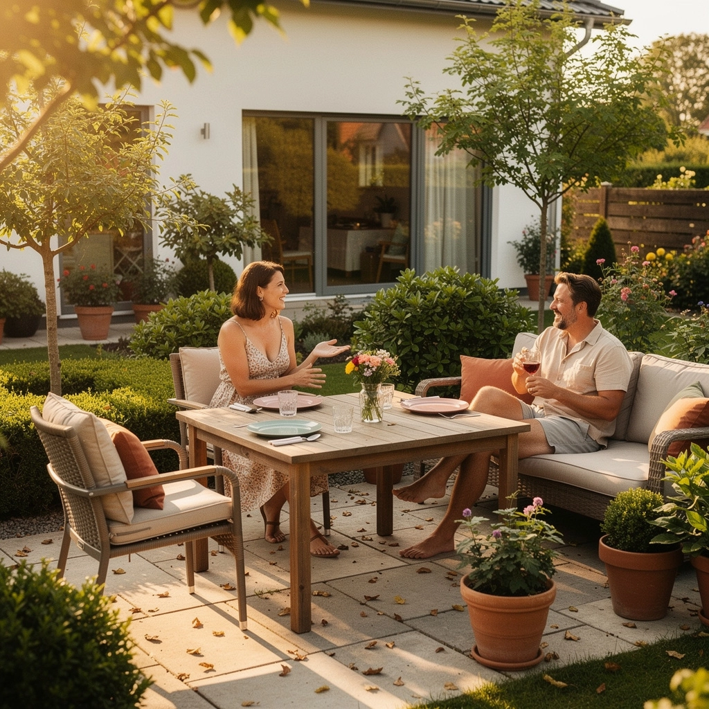Ein einladendes Wohnzimmer mit warmen Farbtönen und langlebigen Möbeln für eine Familie.